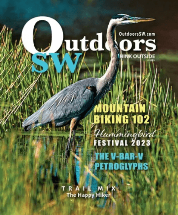 Cover of the July 2023 issue of Outdoors SW Magazine, featuring a great blue heron.